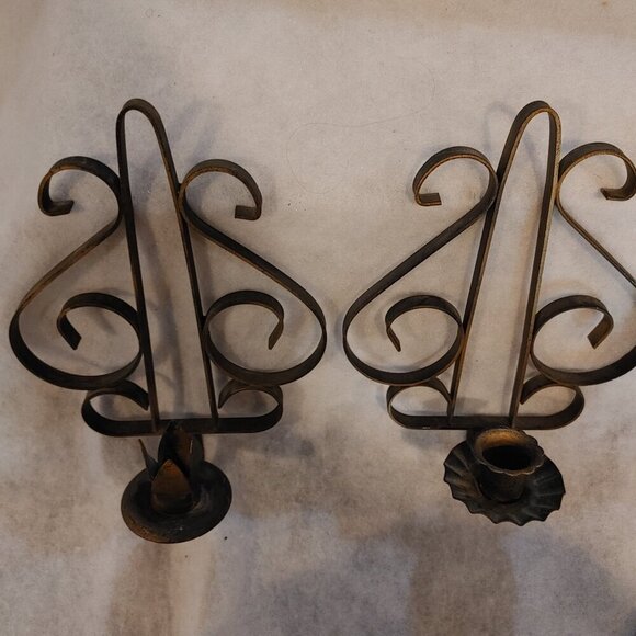 Gold Tone Wrought Iron Wall Candle Sconces - Set of 2 - Picture 2 of 5